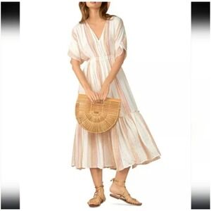 Ikat‎ Cream Striped Midi Dress Boho Vacation Casual V-Neck Sleeves